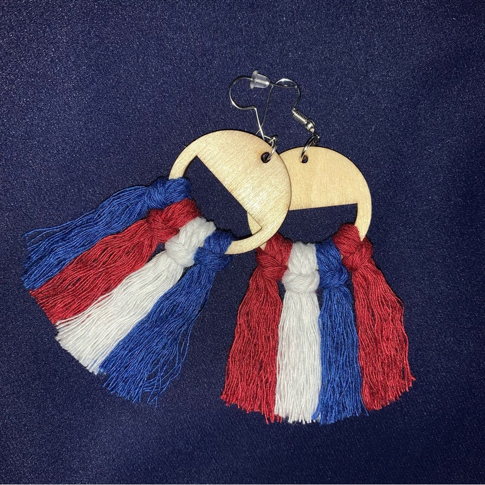 Handmade Tassel Fringe Earrings Red White Blue